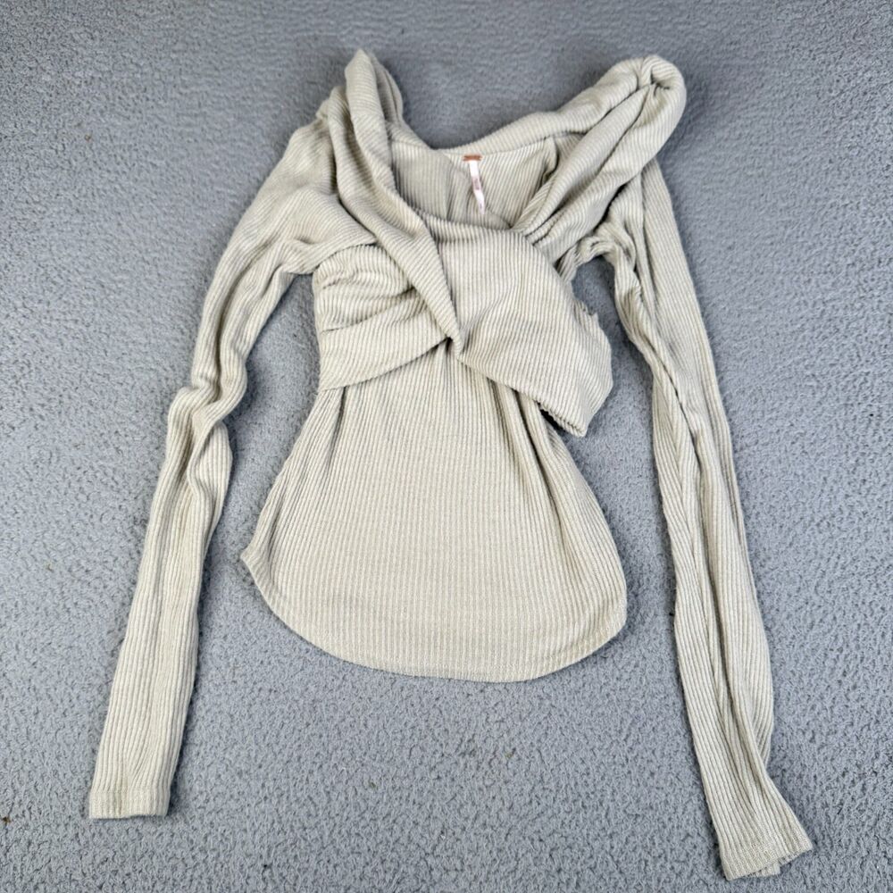 FREE PEOPLE Top Womens‎ S Oatmeal Cross Font Ribbed Knit Off The Shoulder Blouse